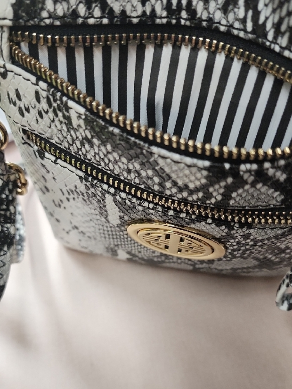 White & Black Snake-Print Crossbody Bag with Gold Emblem - Picture 3 of 5